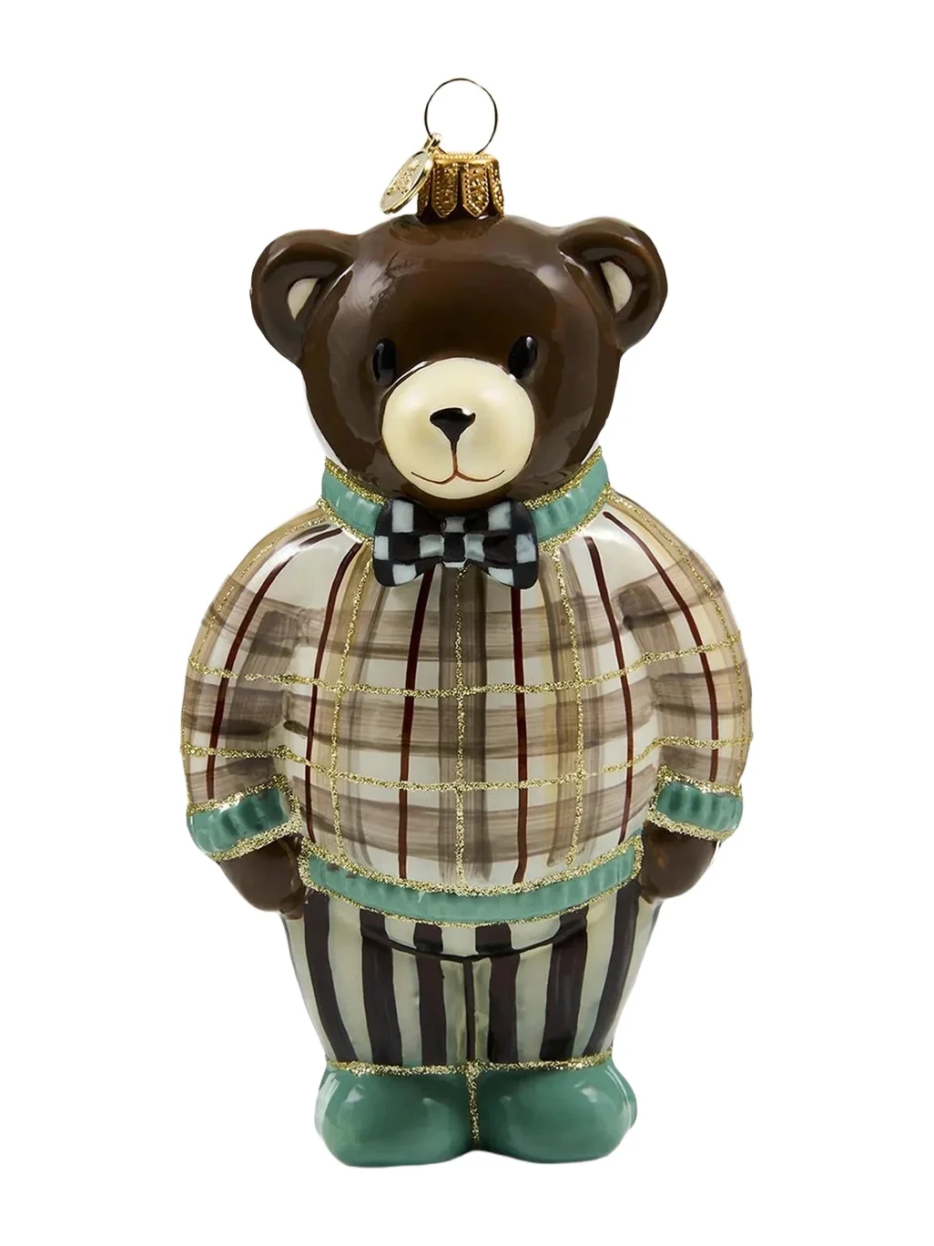 MacKenzie-Childs Natural Noel Mocha Tartan Bear Glass Ornament