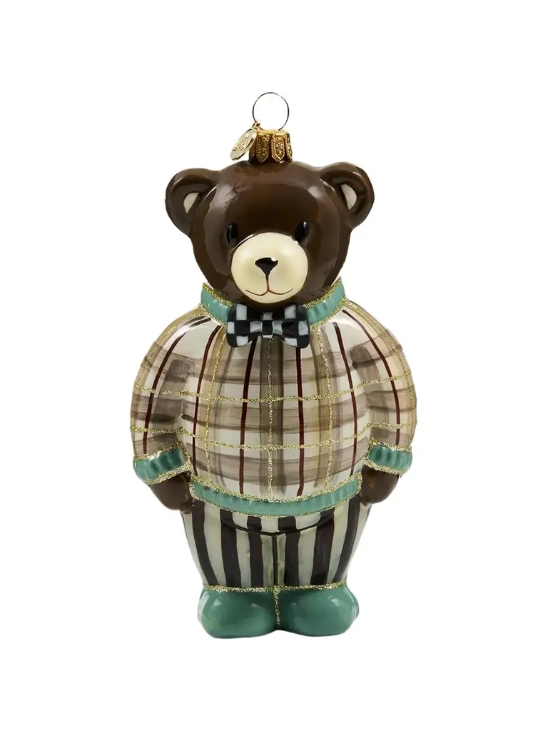 MacKenzie-Childs Natural Noel Mocha Tartan Bear Glass Ornament