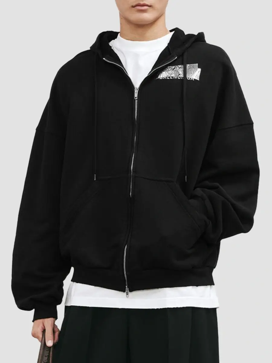Balenciaga Men's Silver Tape Large Zip-Up Hoodie | Thumbnail 4 Balenciaga Men's Silver Tape Large Zip-Up Hoodie | Thumbnail 4