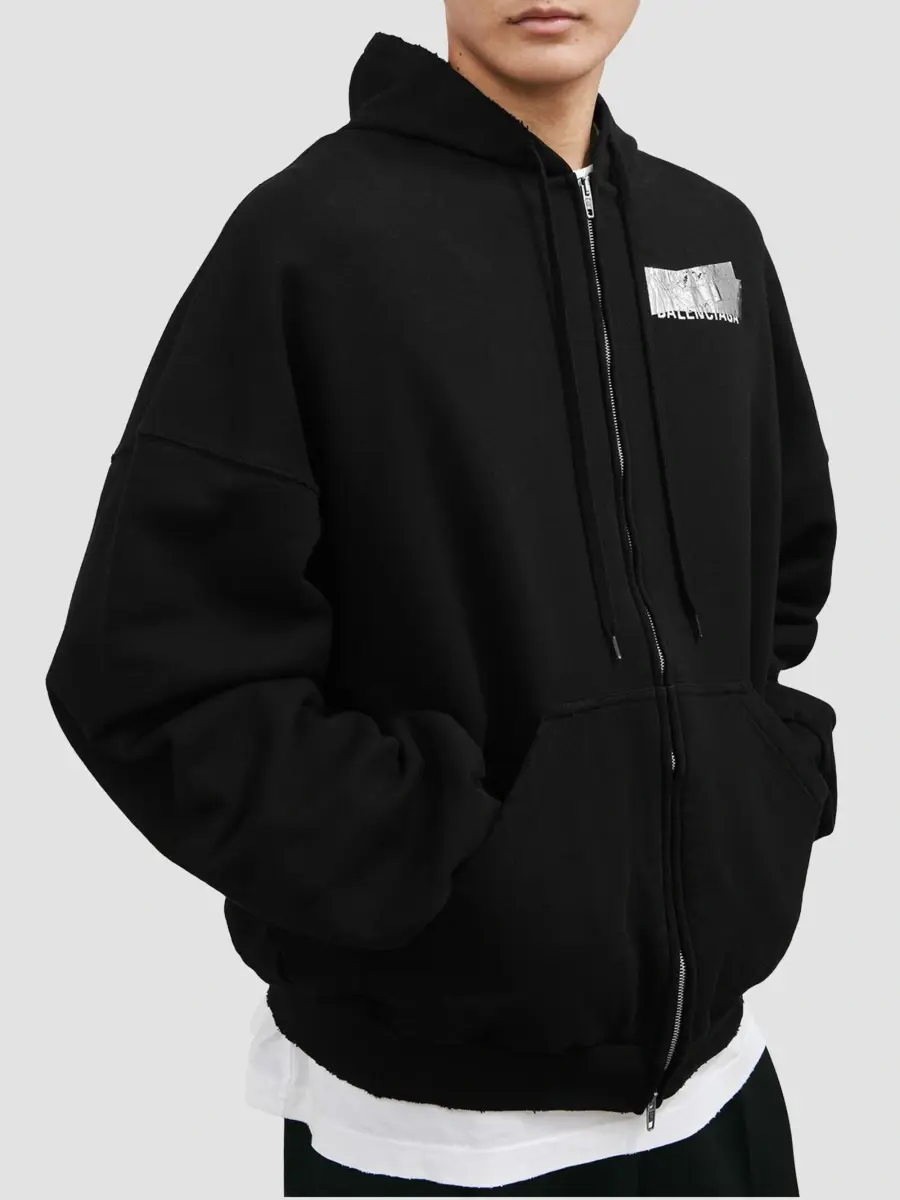 Balenciaga Men's Silver Tape Large Zip-Up Hoodie | Thumbnail 5 Balenciaga Men's Silver Tape Large Zip-Up Hoodie | Thumbnail 5