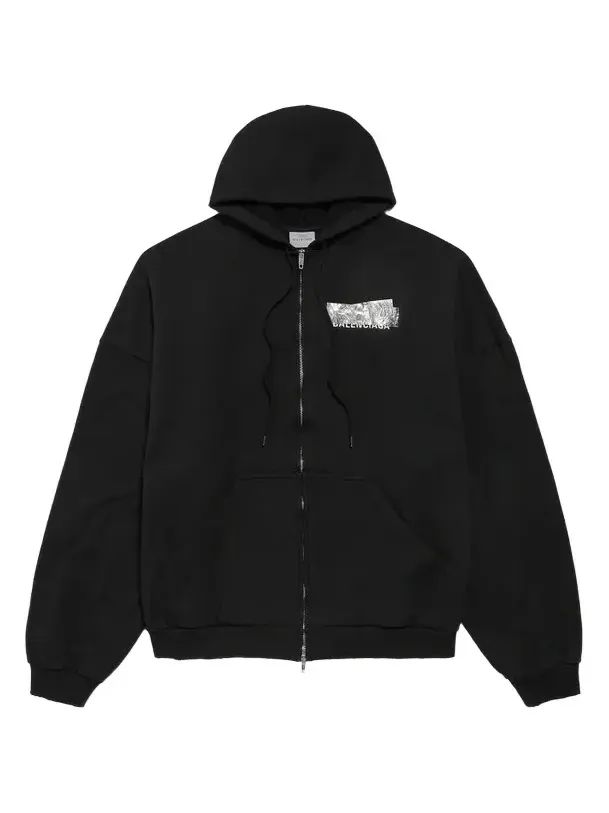 Balenciaga Men's Silver Tape Large Zip-Up Hoodie