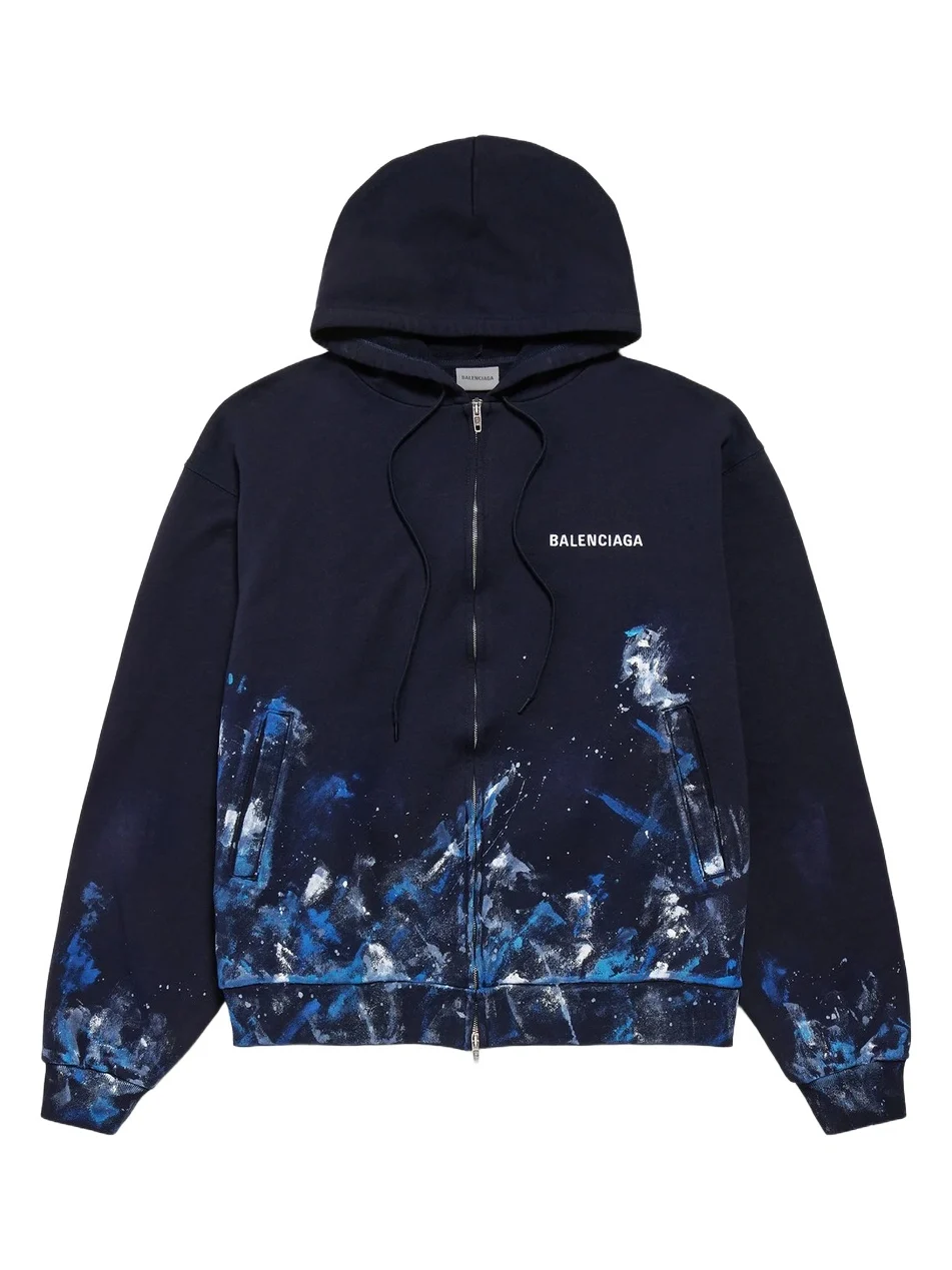 Balenciaga Men's Paint Splatter Oversized Zip-Up Hoodie