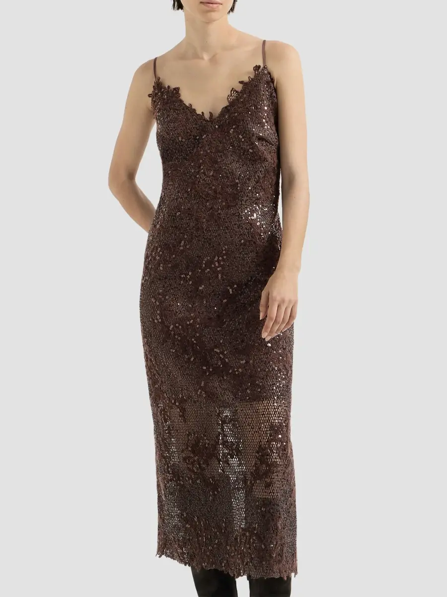 Brunello Cucinelli Women's Dazzling Lace Embroidery Dress in Sparkling Mohair and Wool - Brown Gianduia | Thumbnail 2 Brunello Cucinelli Women's Dazzling Lace Embroidery Dress in Sparkling Mohair and Wool - Brown Gianduia | Thumbnail 2