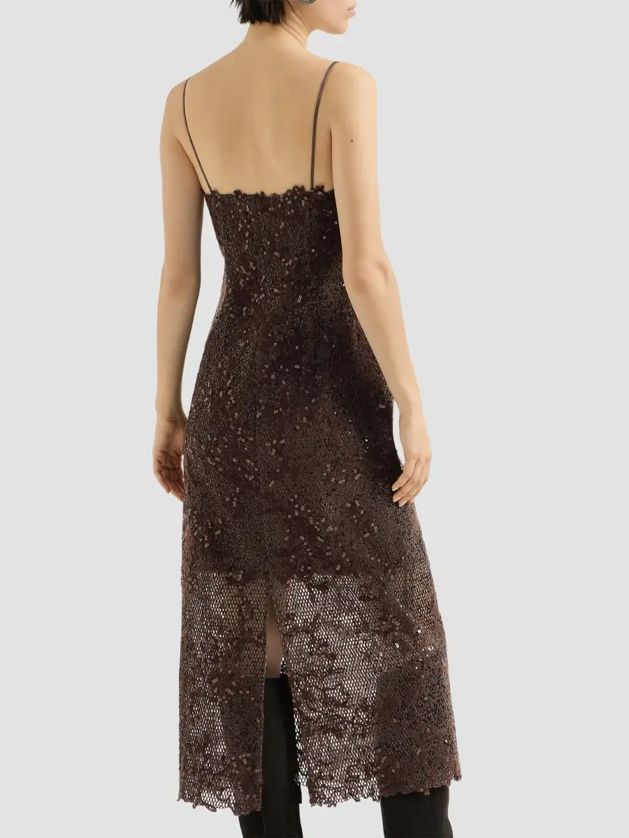 Brunello Cucinelli Women's Dazzling Lace Embroidery Dress in Sparkling Mohair and Wool - Brown Gianduia | Thumbnail 3 Brunello Cucinelli Women's Dazzling Lace Embroidery Dress in Sparkling Mohair and Wool - Brown Gianduia | Thumbnail 3
