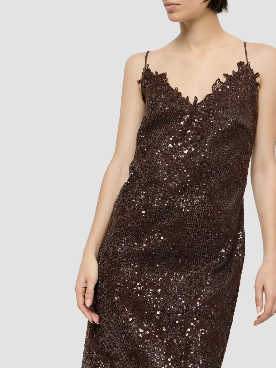 Brunello Cucinelli Women's Dazzling Lace Embroidery Dress in Sparkling Mohair and Wool - Brown Gianduia | Thumbnail 4 Brunello Cucinelli Women's Dazzling Lace Embroidery Dress in Sparkling Mohair and Wool - Brown Gianduia | Thumbnail 4