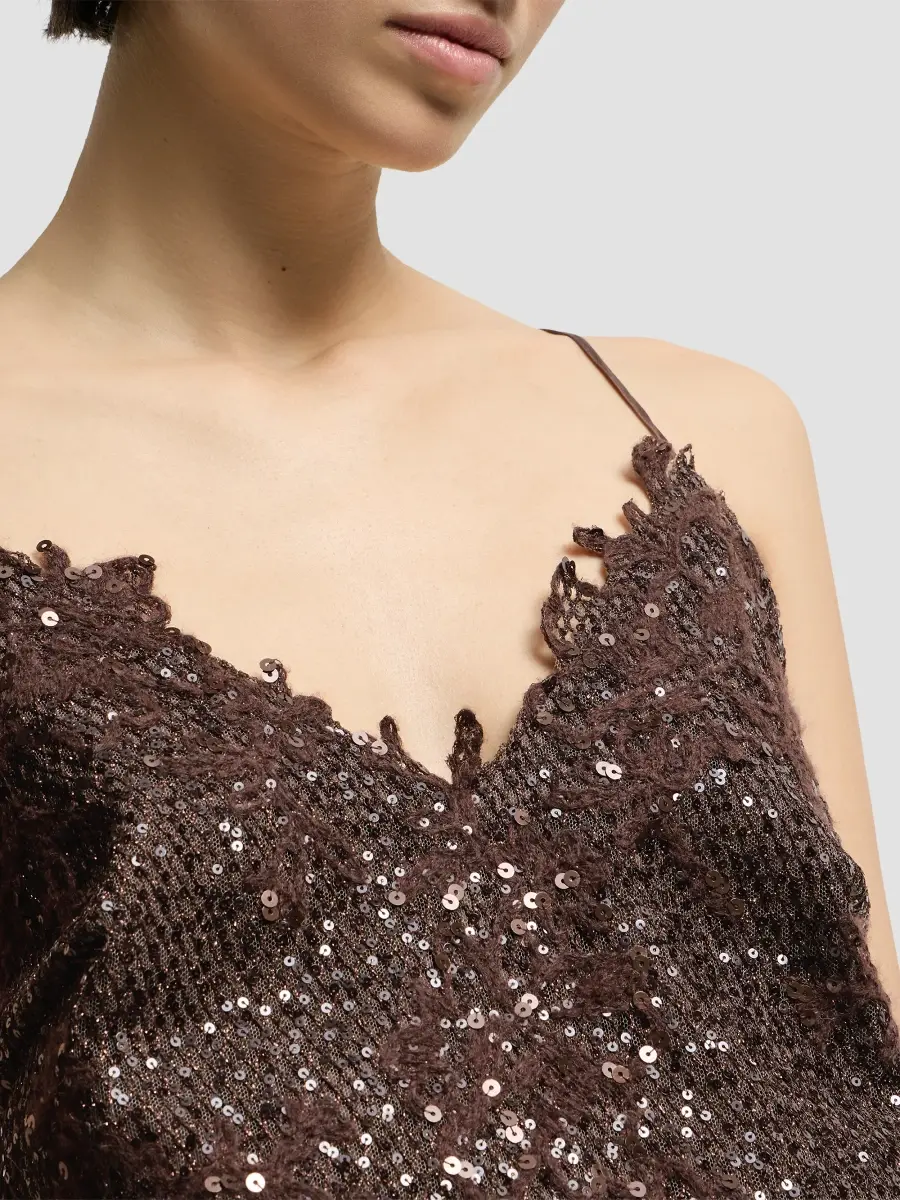 Brunello Cucinelli Women's Dazzling Lace Embroidery Dress in Sparkling Mohair and Wool - Brown Gianduia | Thumbnail 5 Brunello Cucinelli Women's Dazzling Lace Embroidery Dress in Sparkling Mohair and Wool - Brown Gianduia | Thumbnail 5