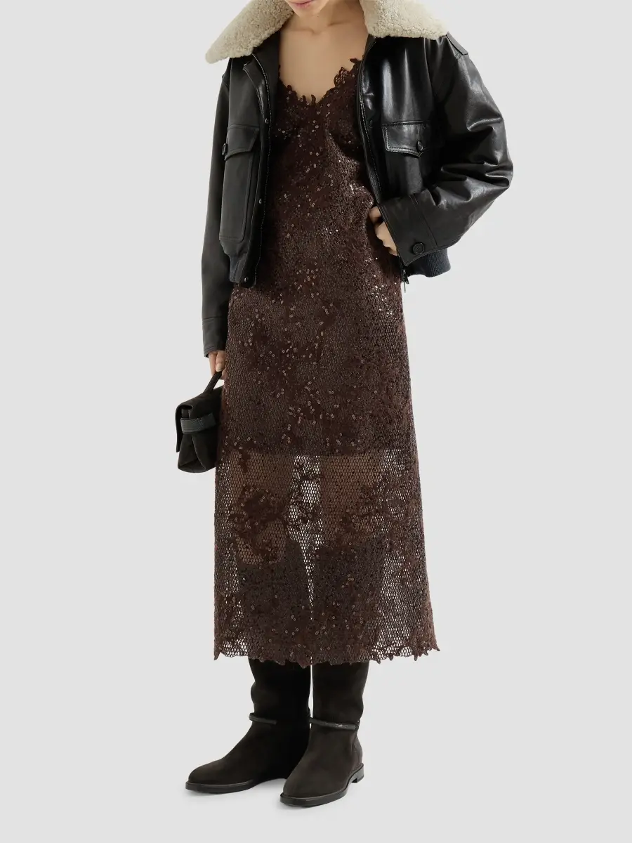 Brunello Cucinelli Women's Dazzling Lace Embroidery Dress in Sparkling Mohair and Wool - Brown Gianduia | Thumbnail 6 Brunello Cucinelli Women's Dazzling Lace Embroidery Dress in Sparkling Mohair and Wool - Brown Gianduia | Thumbnail 6