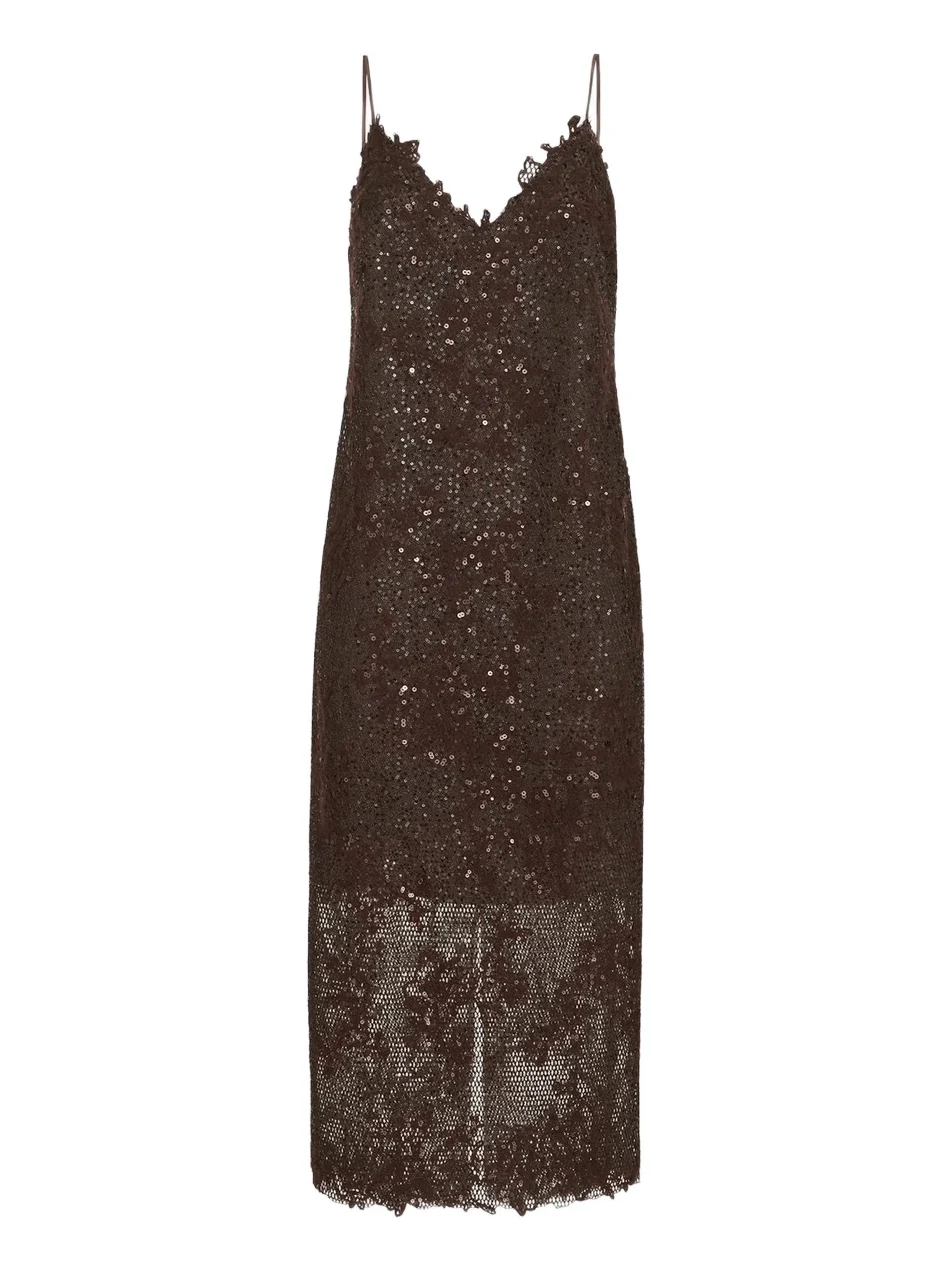 Brunello Cucinelli Women's Dazzling Lace Embroidery Dress in Sparkling Mohair and Wool - Brown Gianduia