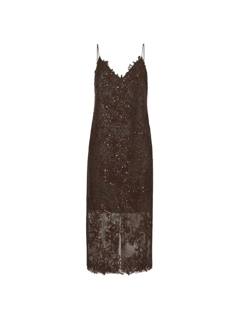 Brunello Cucinelli Women's Dazzling Lace Embroidery Dress in Sparkling Mohair and Wool - Brown Gianduia