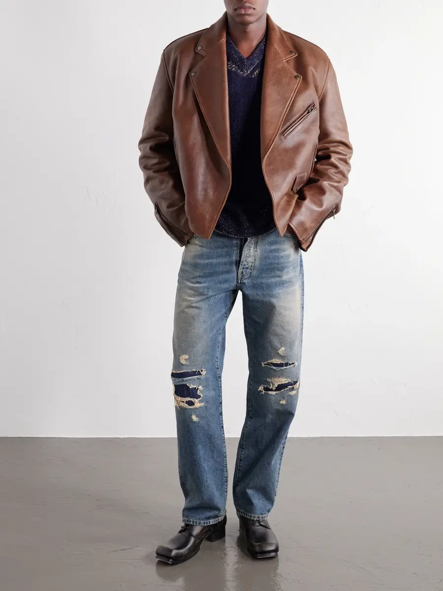Maison Margiela Cropped Distressed Full-Grain Leather Biker Jacket - Men | Thumbnail 2 Maison Margiela Cropped Distressed Full-Grain Leather Biker Jacket - Men | Thumbnail 2