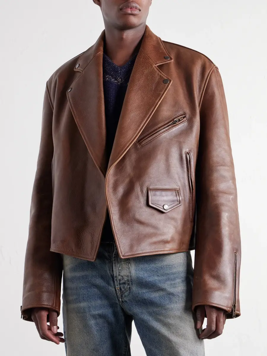 Maison Margiela Cropped Distressed Full-Grain Leather Biker Jacket - Men | Thumbnail 3 Maison Margiela Cropped Distressed Full-Grain Leather Biker Jacket - Men | Thumbnail 3