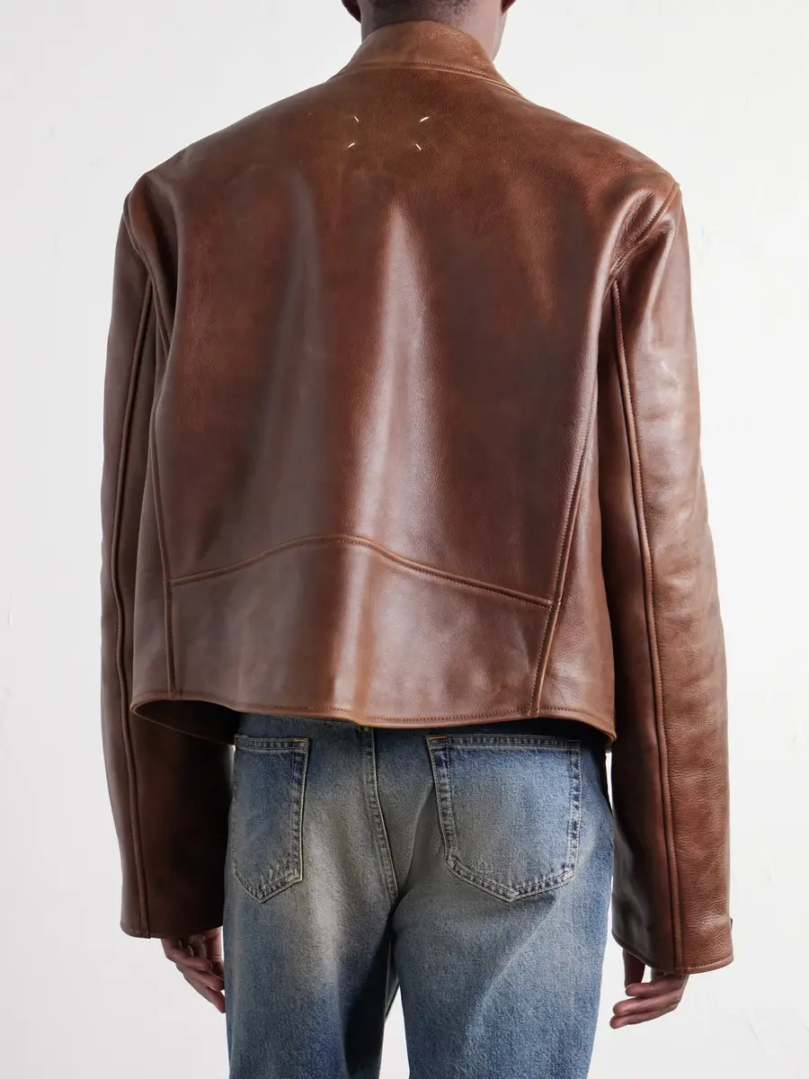 Maison Margiela Cropped Distressed Full-Grain Leather Biker Jacket - Men | Thumbnail 4 Maison Margiela Cropped Distressed Full-Grain Leather Biker Jacket - Men | Thumbnail 4
