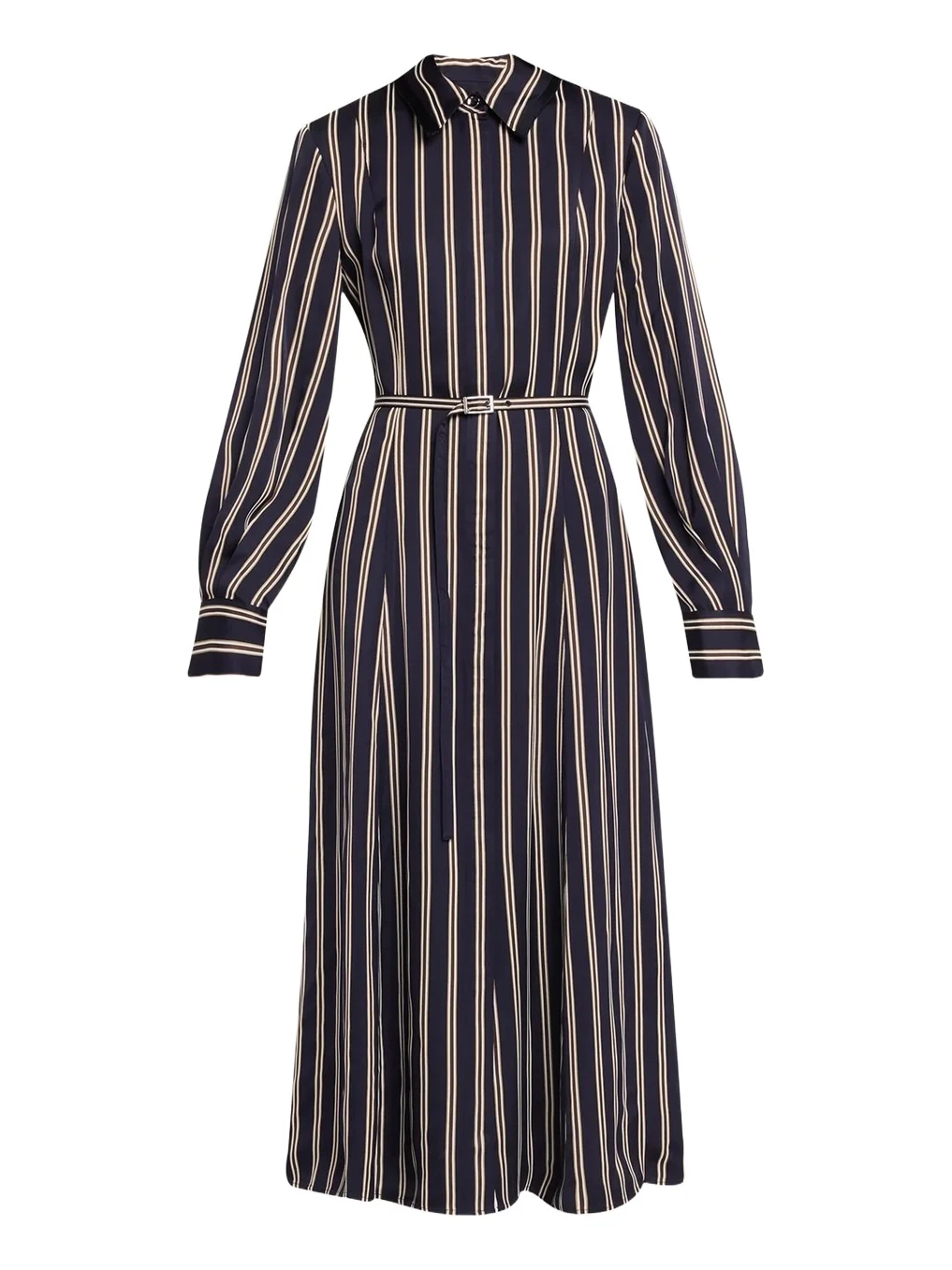 Striped Satin Long-Sleeve Belted Midi Shirtdress