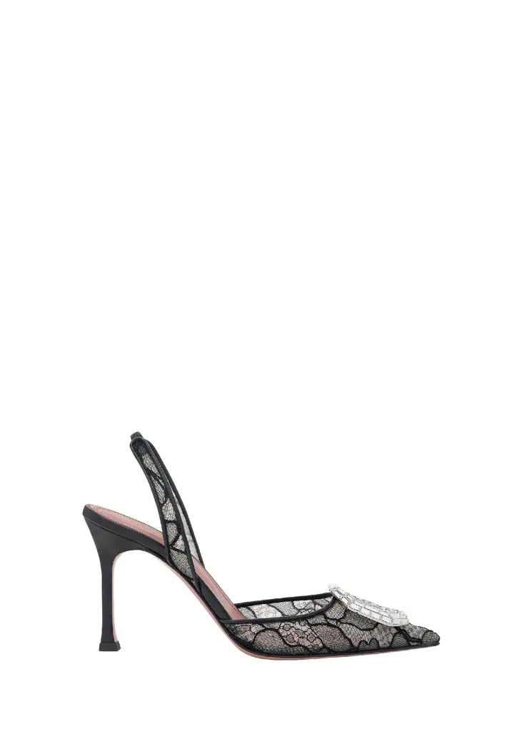 Amina Muaddi Camelia Lace Crystal Slingback Pumps