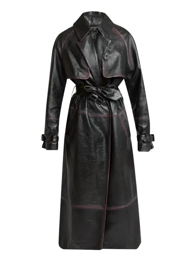 Kasia Burnished Leather Belted Long Trench Coat