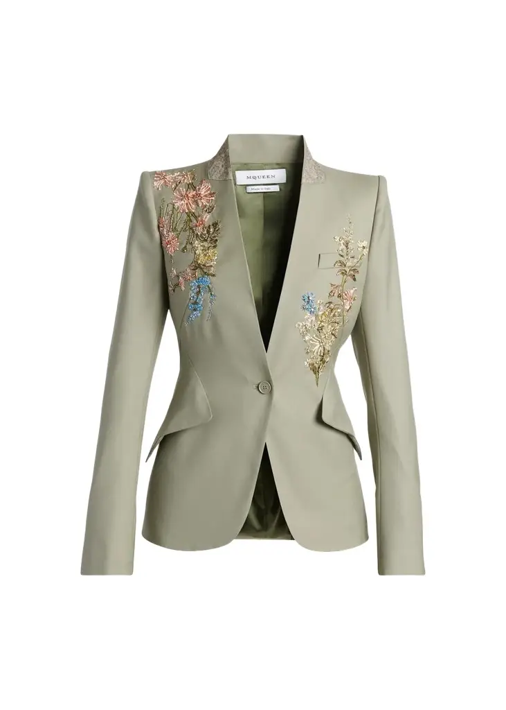 Alexander McQueen Floral Beaded Single-Breasted Slim Jacket