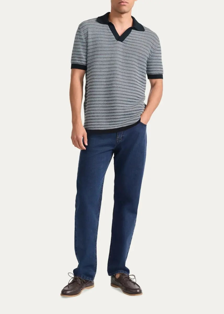 Frescobol Carioca Men's Cotton-Cashmere Stripe Knit Johnny Collar Polo Shirt | Thumbnail 2 Frescobol Carioca Men's Cotton-Cashmere Stripe Knit Johnny Collar Polo Shirt | Thumbnail 2