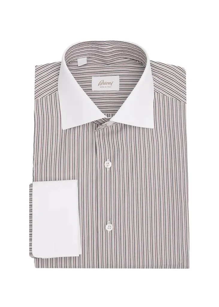 Brioni Men's Micro-Stripe Solid-Trim Dress Shirt