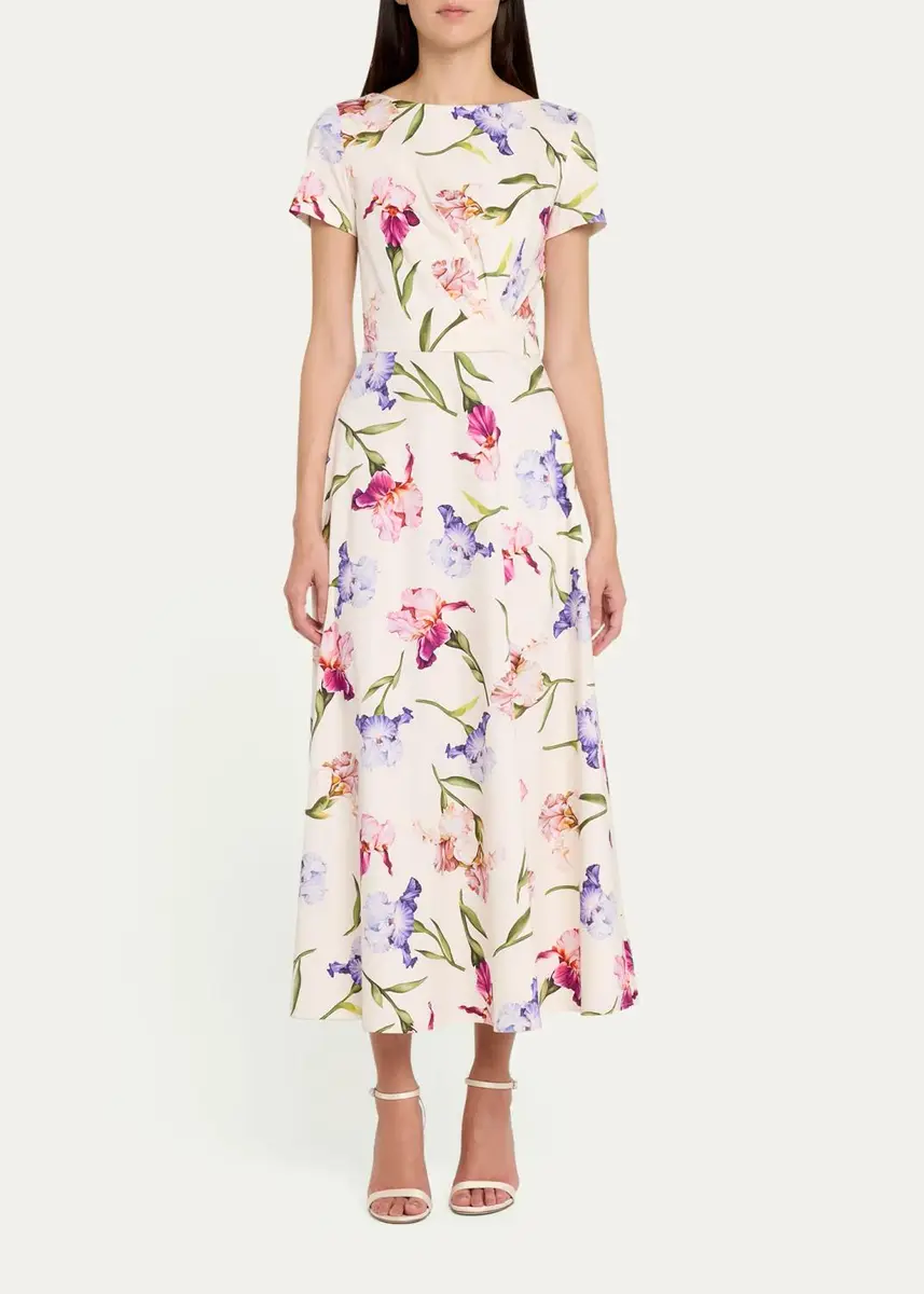 Oscar de la Renta Painted Iris Cotton Poplin Short-Sleeve Midi Day Dress | Thumbnail 2