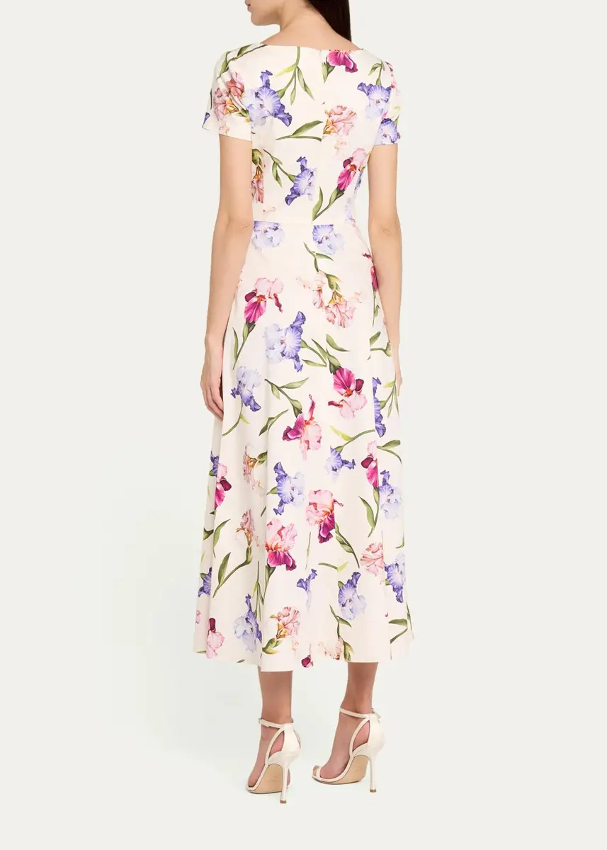 Oscar de la Renta Painted Iris Cotton Poplin Short-Sleeve Midi Day Dress | Thumbnail 3