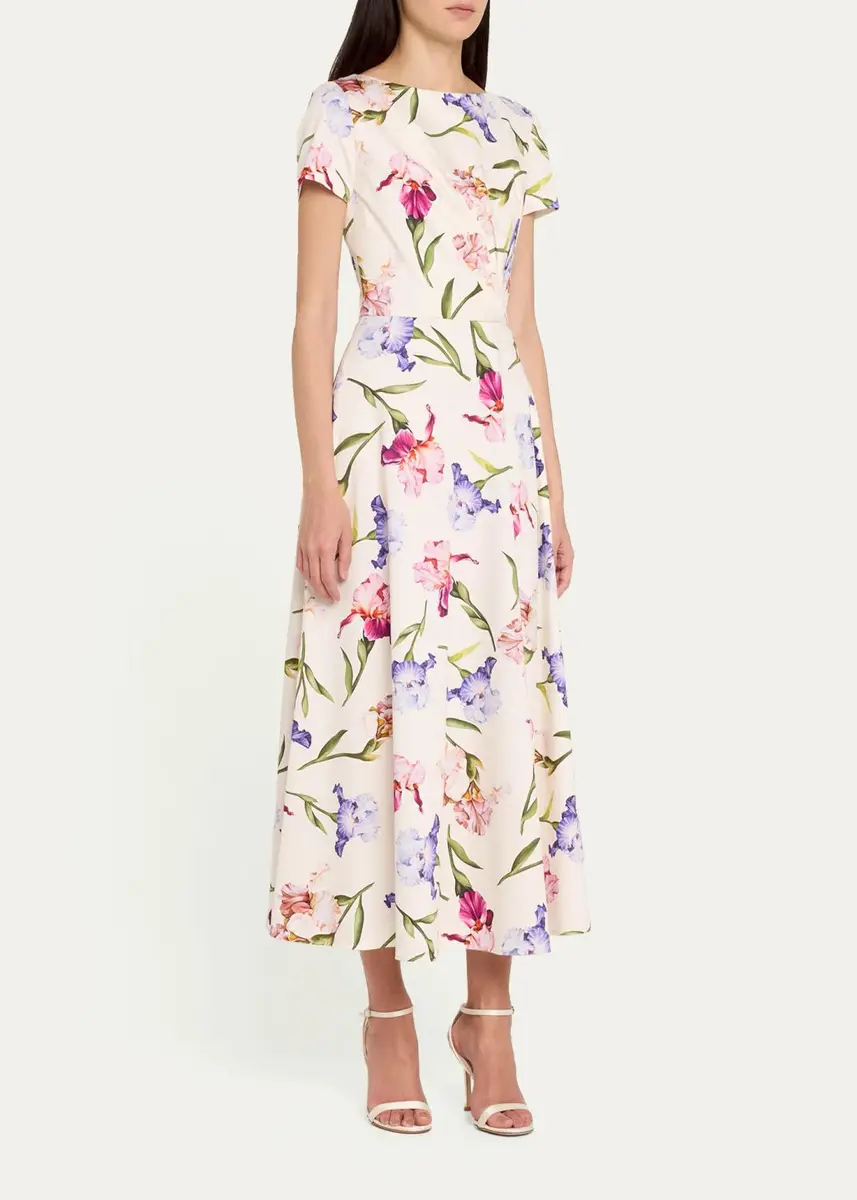 Oscar de la Renta Painted Iris Cotton Poplin Short-Sleeve Midi Day Dress | Thumbnail 4