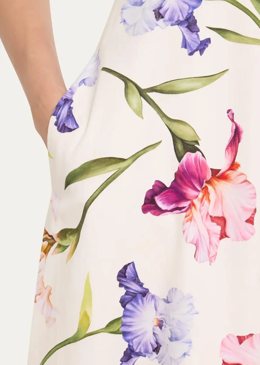 Oscar de la Renta Painted Iris Cotton Poplin Short-Sleeve Midi Day Dress | Thumbnail 5