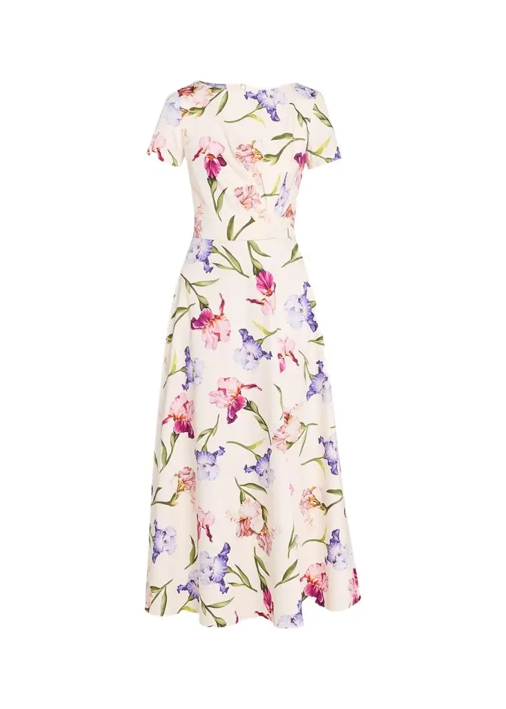 Painted Iris Cotton Poplin Short-Sleeve Midi Day Dress