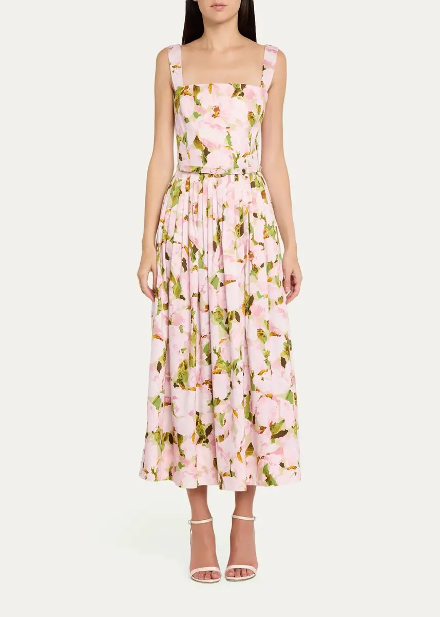 Oscar de la Renta Belted Sleeveless Watercolor Iris Poplin Dress | Thumbnail 2