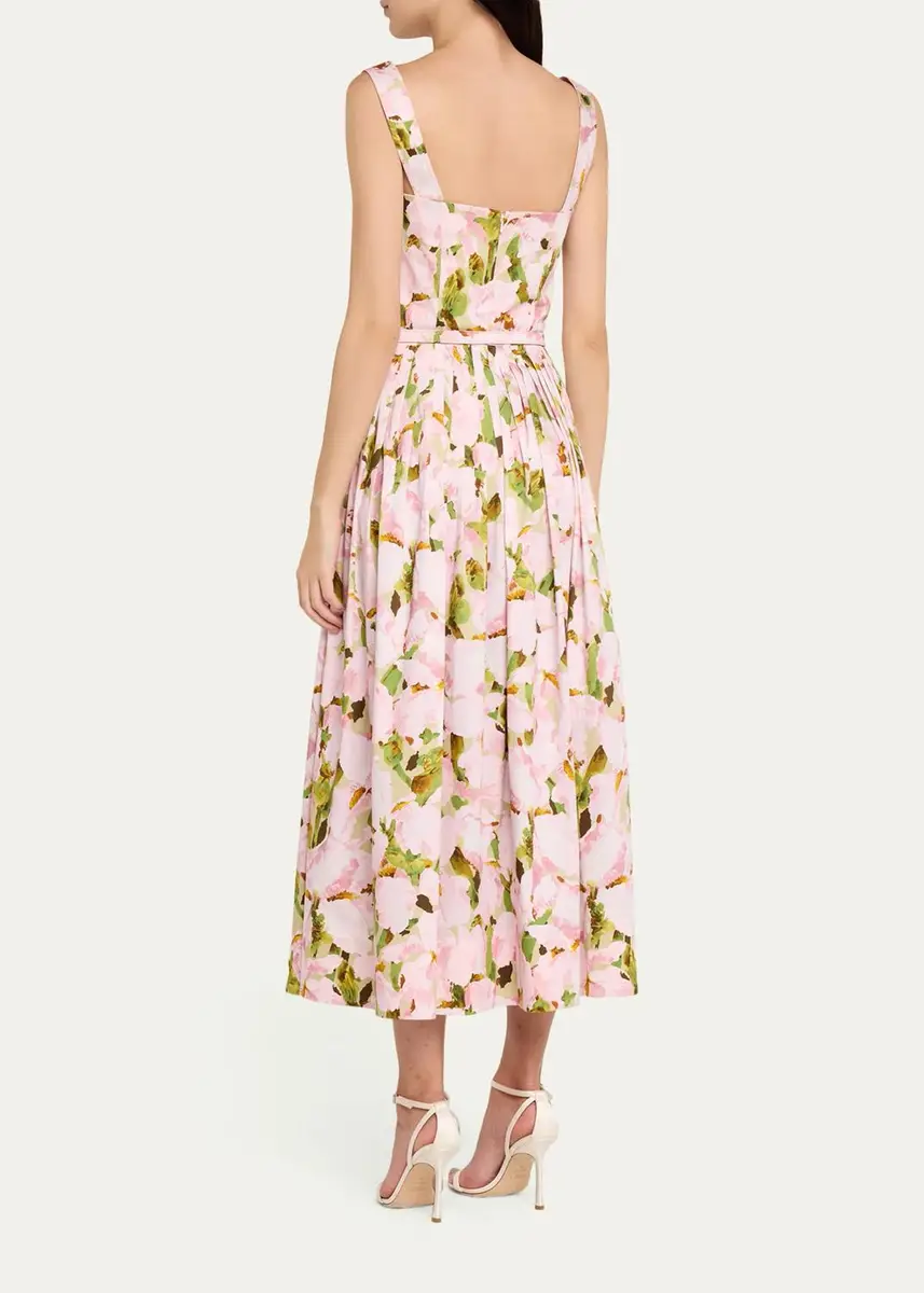 Oscar de la Renta Belted Sleeveless Watercolor Iris Poplin Dress | Thumbnail 3