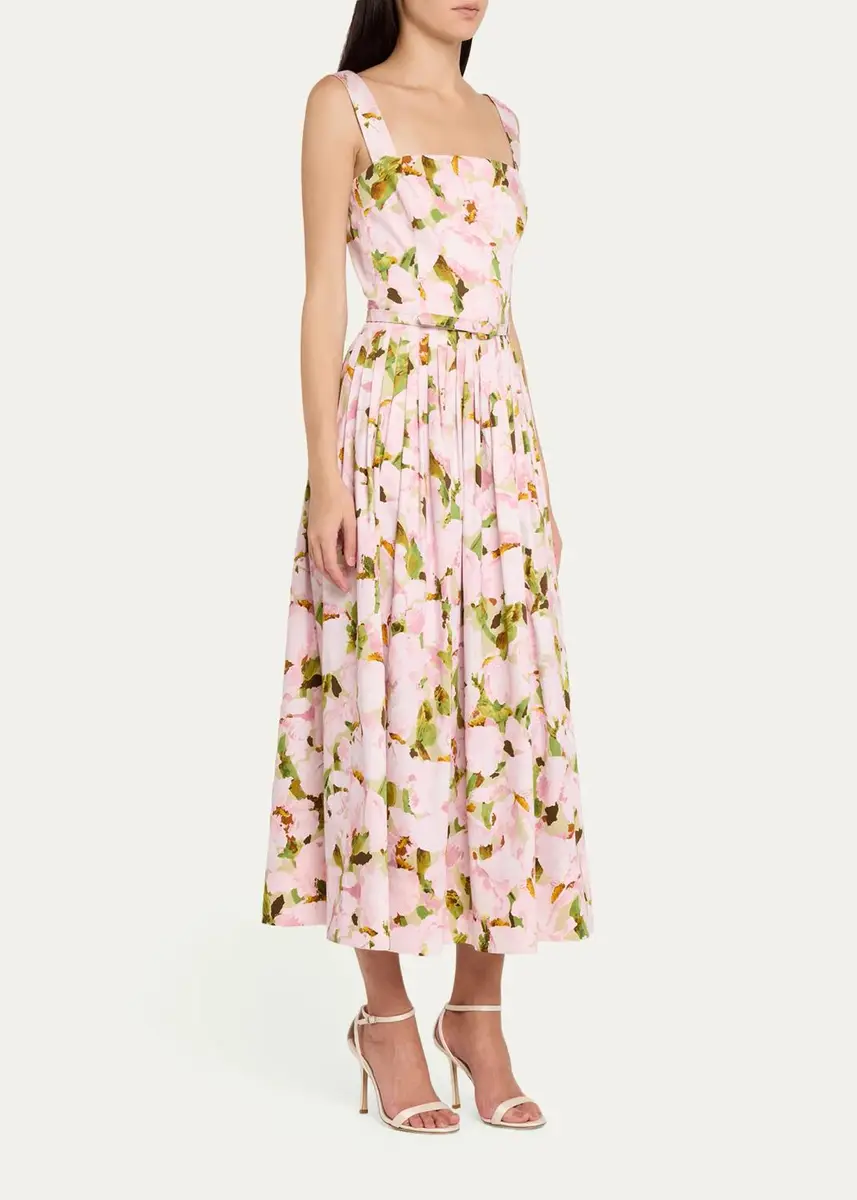 Oscar de la Renta Belted Sleeveless Watercolor Iris Poplin Dress | Thumbnail 4