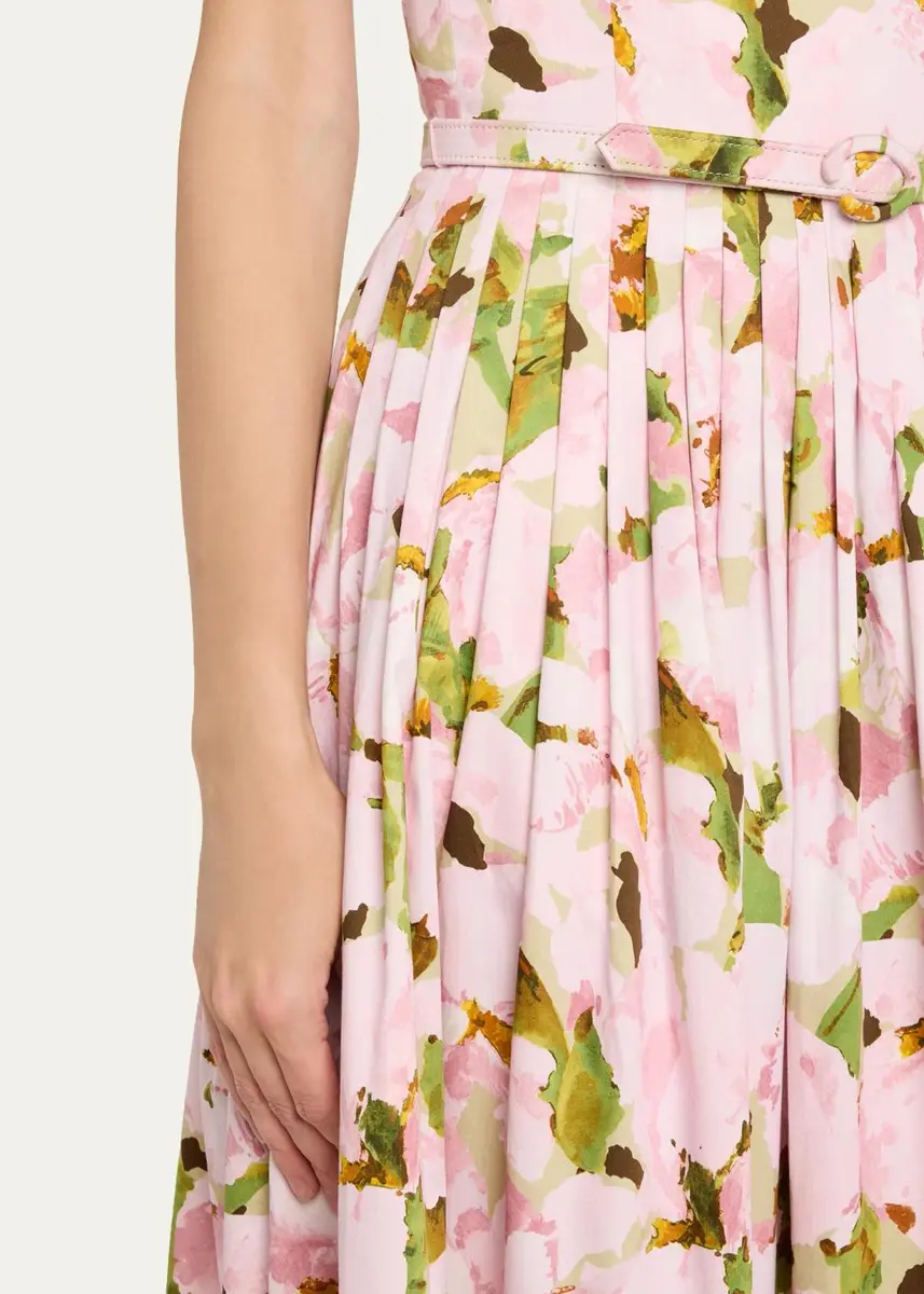 Oscar de la Renta Belted Sleeveless Watercolor Iris Poplin Dress | Thumbnail 5