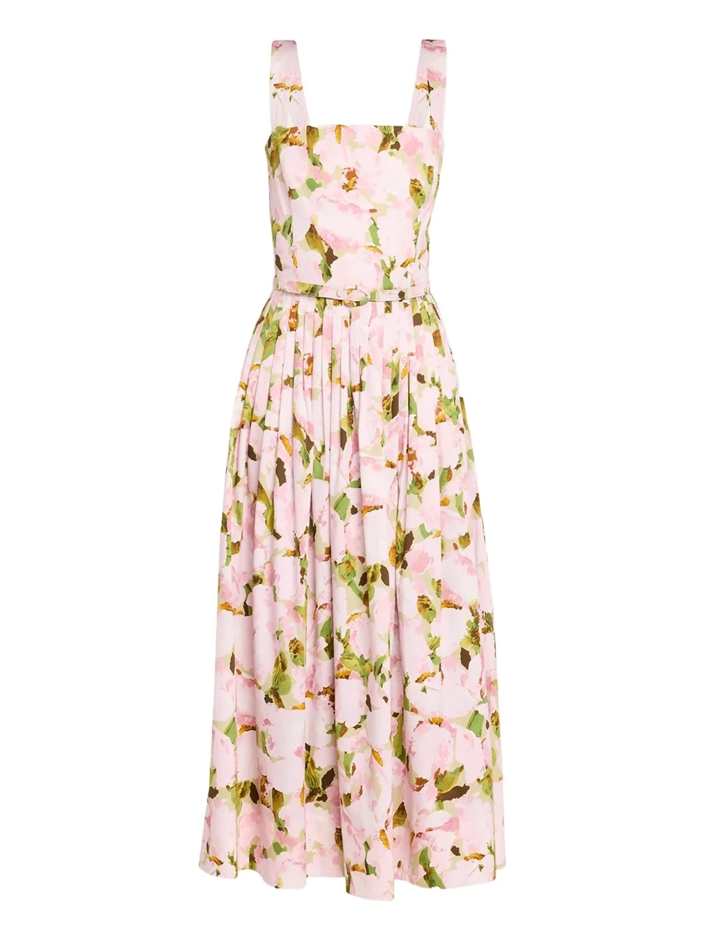 Oscar de la Renta Belted Sleeveless Watercolor Iris Poplin Dress