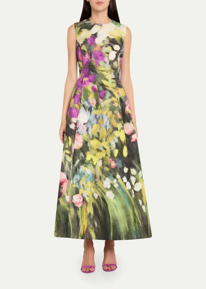 Oscar de la Renta Sleeveless Abstract Garden Faille Midi Cocktail Dress | Thumbnail 2