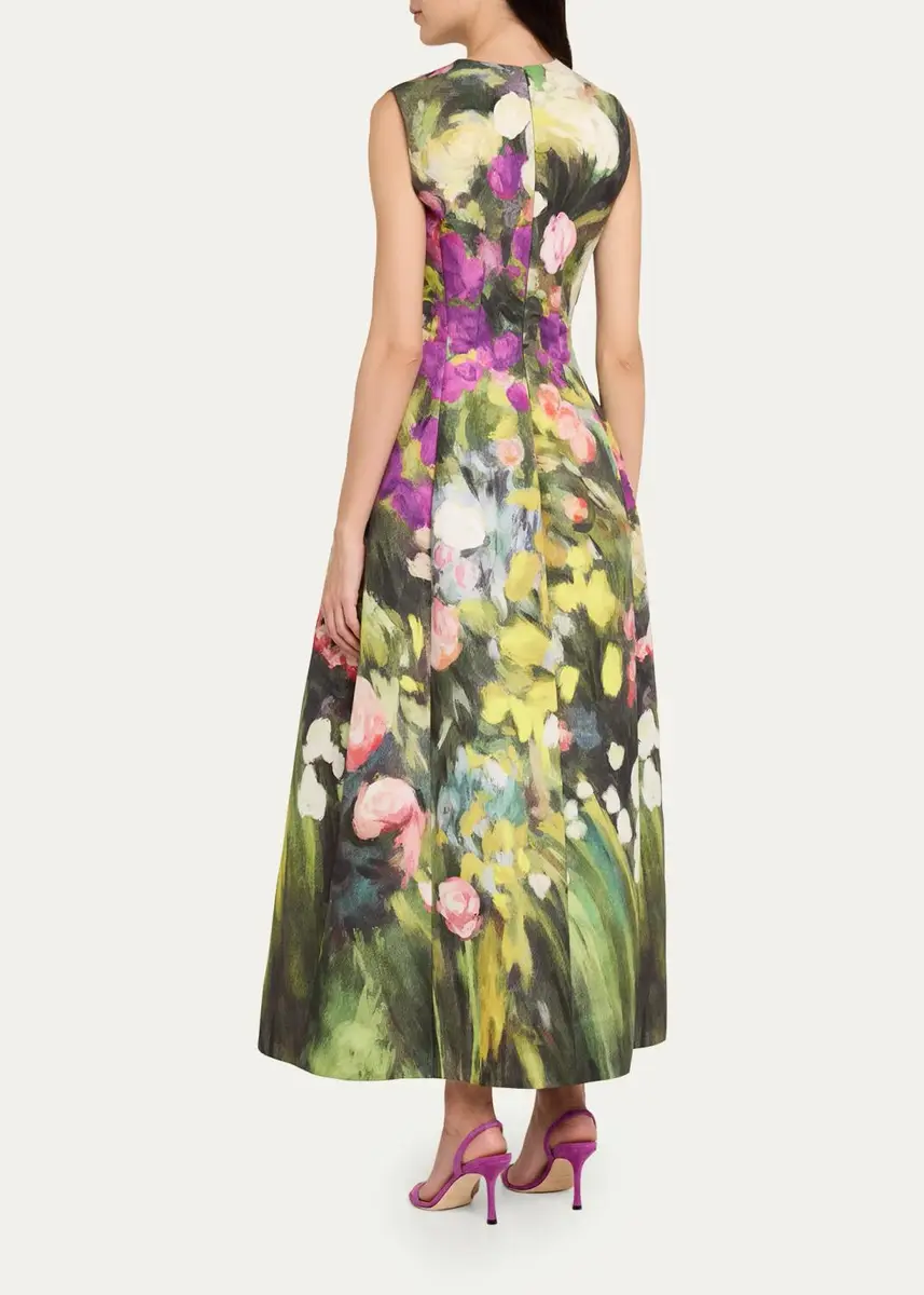 Oscar de la Renta Sleeveless Abstract Garden Faille Midi Cocktail Dress | Thumbnail 3