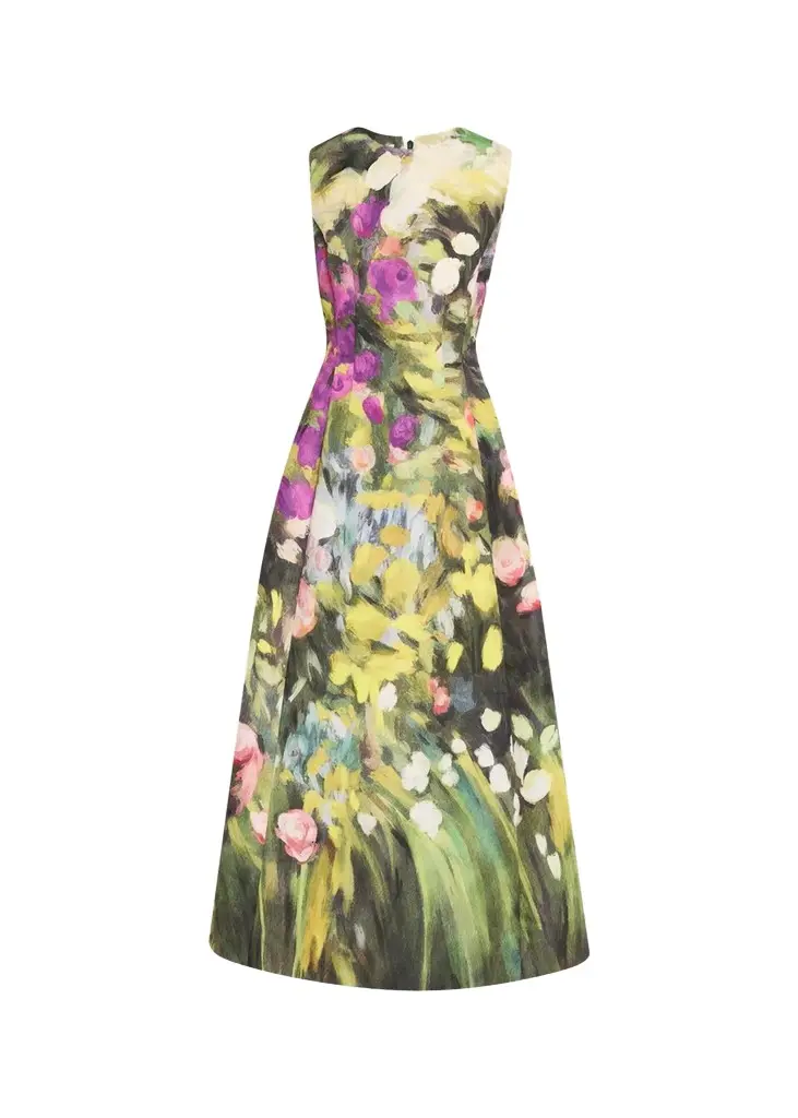 Sleeveless Abstract Garden Faille Midi Cocktail Dress Sleeveless Abstract Garden Faille Midi Cocktail Dress