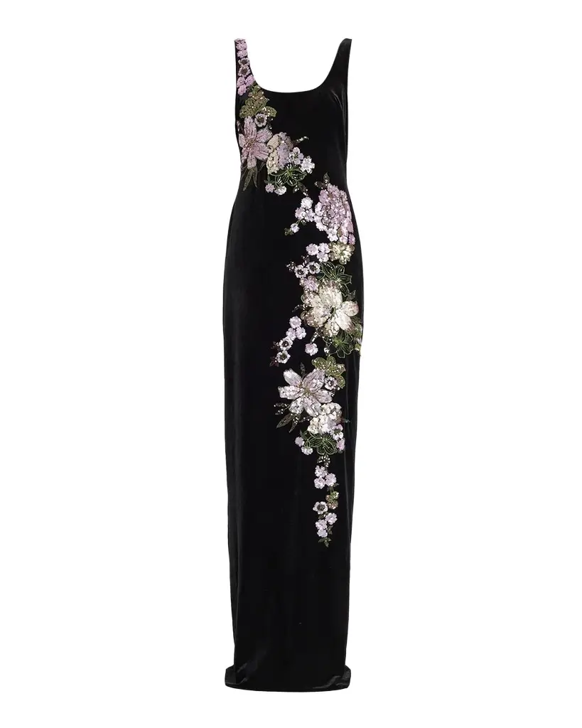 Rickie Freeman for Teri Jon Sequin Floral Velvet Column Gown