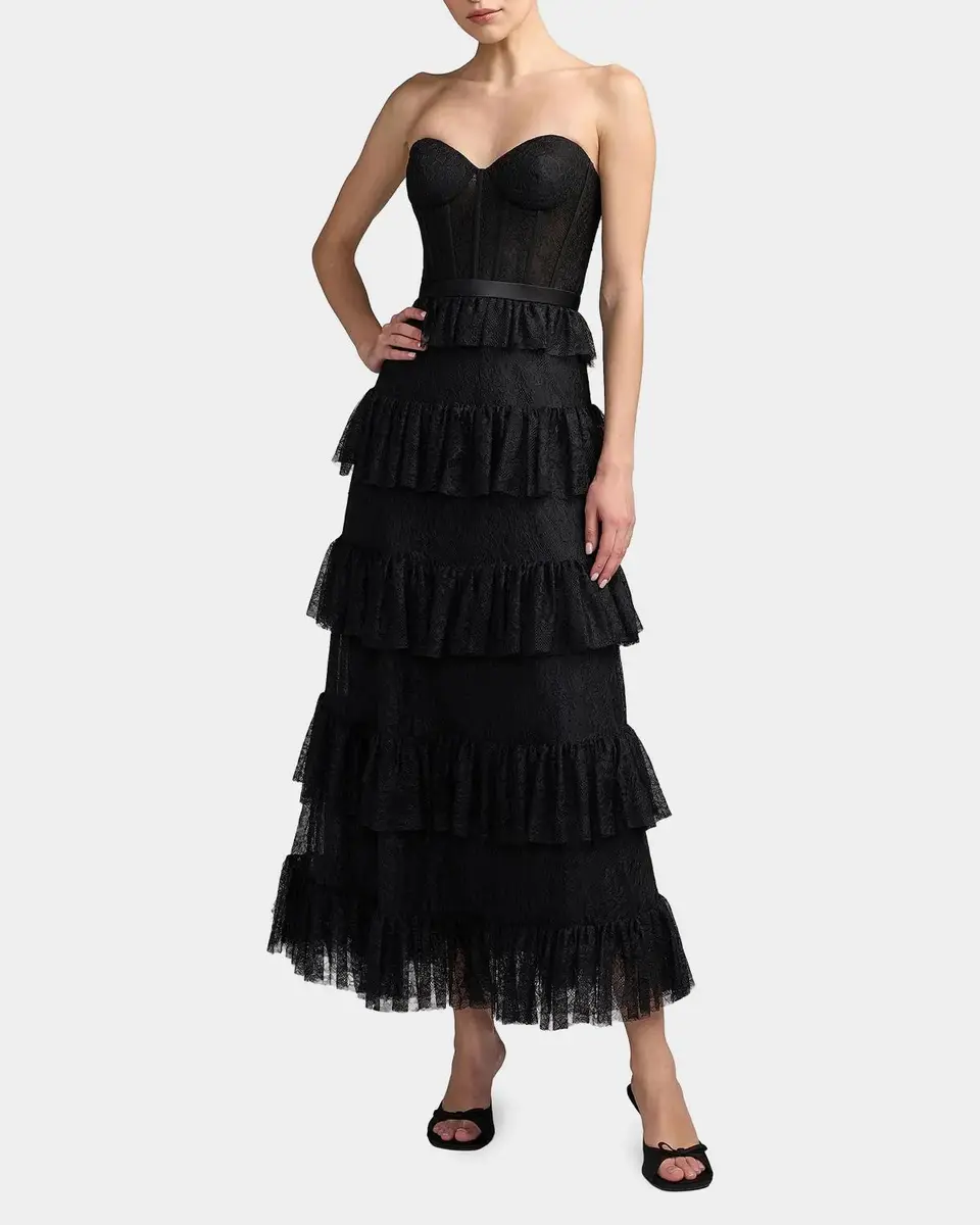 Mac Duggal Ruffled Bustier Lace Strapless Midi Dress | Thumbnail 2 Mac Duggal Ruffled Bustier Lace Strapless Midi Dress | Thumbnail 2