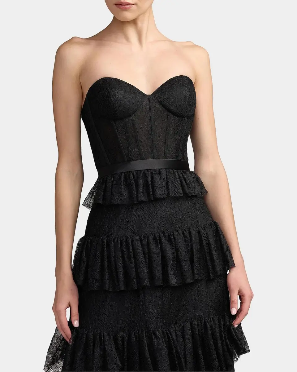 Mac Duggal Ruffled Bustier Lace Strapless Midi Dress | Thumbnail 4 Mac Duggal Ruffled Bustier Lace Strapless Midi Dress | Thumbnail 4