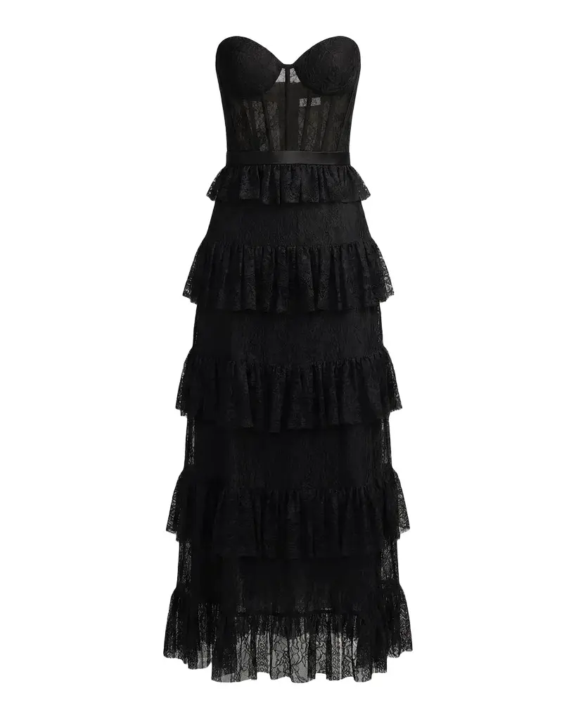Mac Duggal Ruffled Bustier Lace Strapless Midi Dress