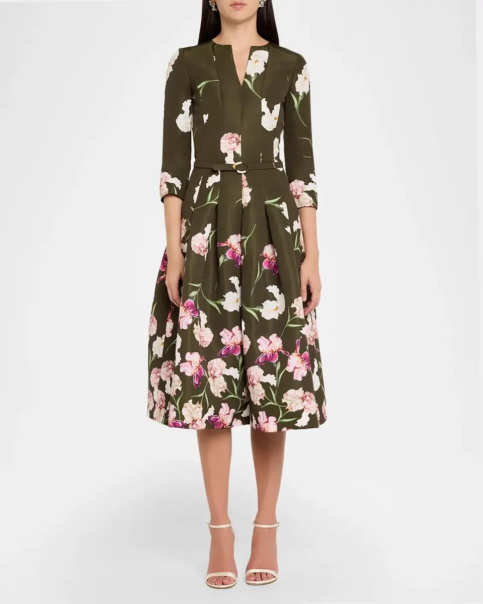 Oscar de la Renta Painted Iris Dégradé Faille Split-Neck Midi Dress | Thumbnail 2 Oscar de la Renta Painted Iris Dégradé Faille Split-Neck Midi Dress | Thumbnail 2