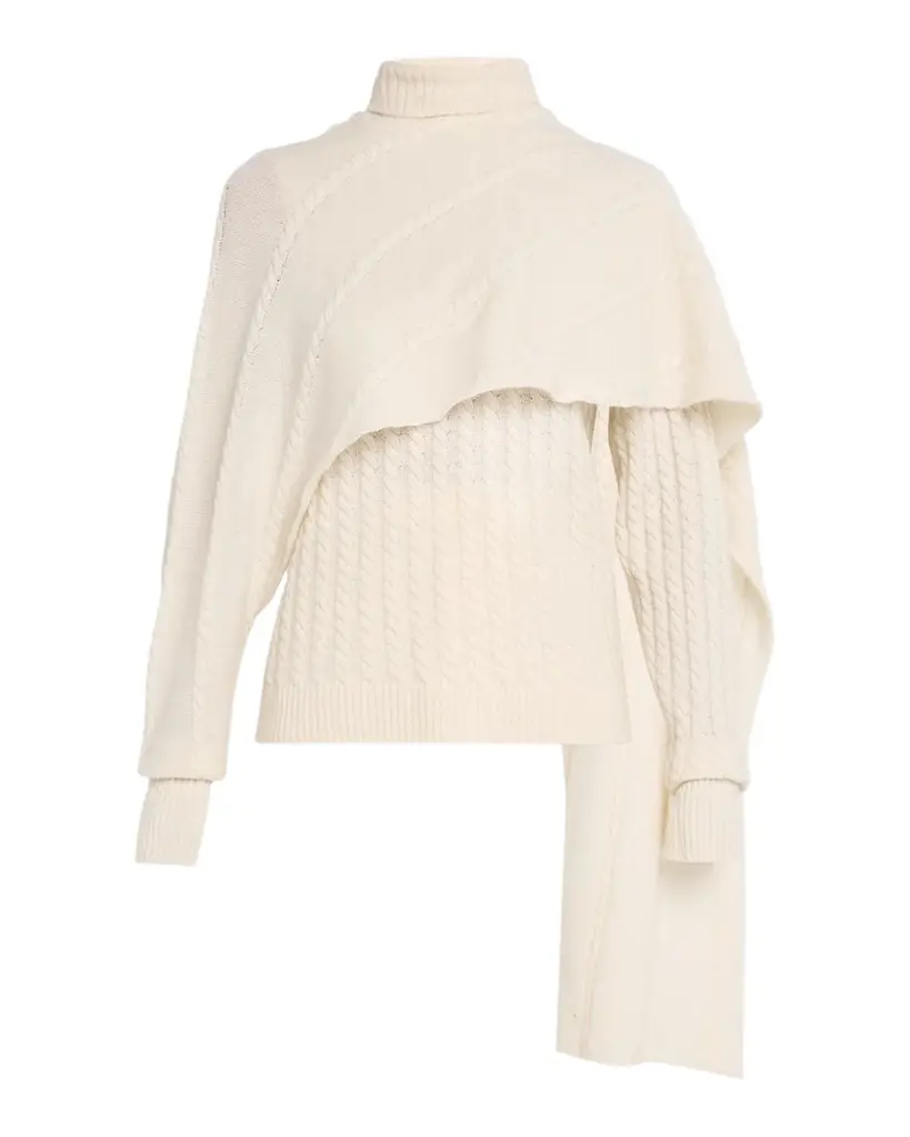 Alberta Ferretti Turtleneck Cashmere Cable Knit Shawl Sweater