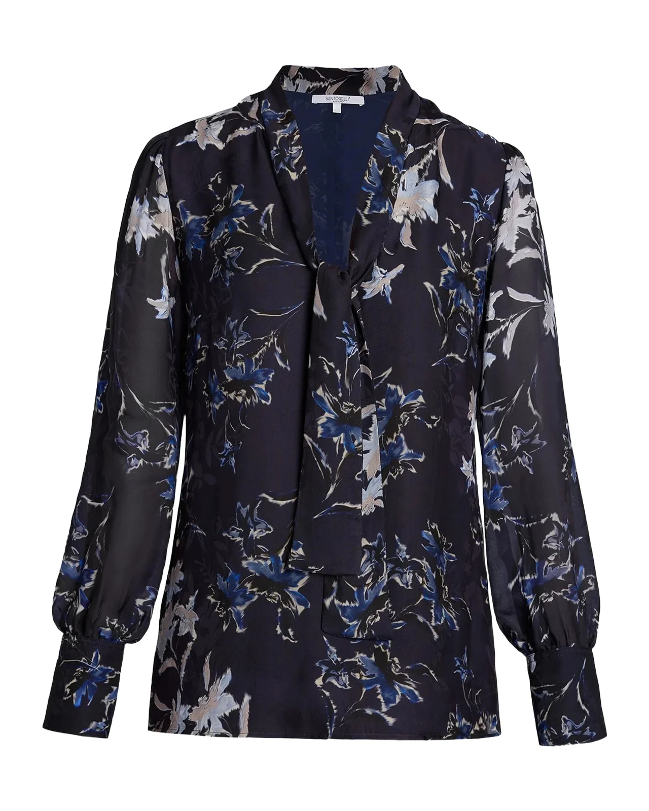 Santorelli Floral Tie-Neck Blouse