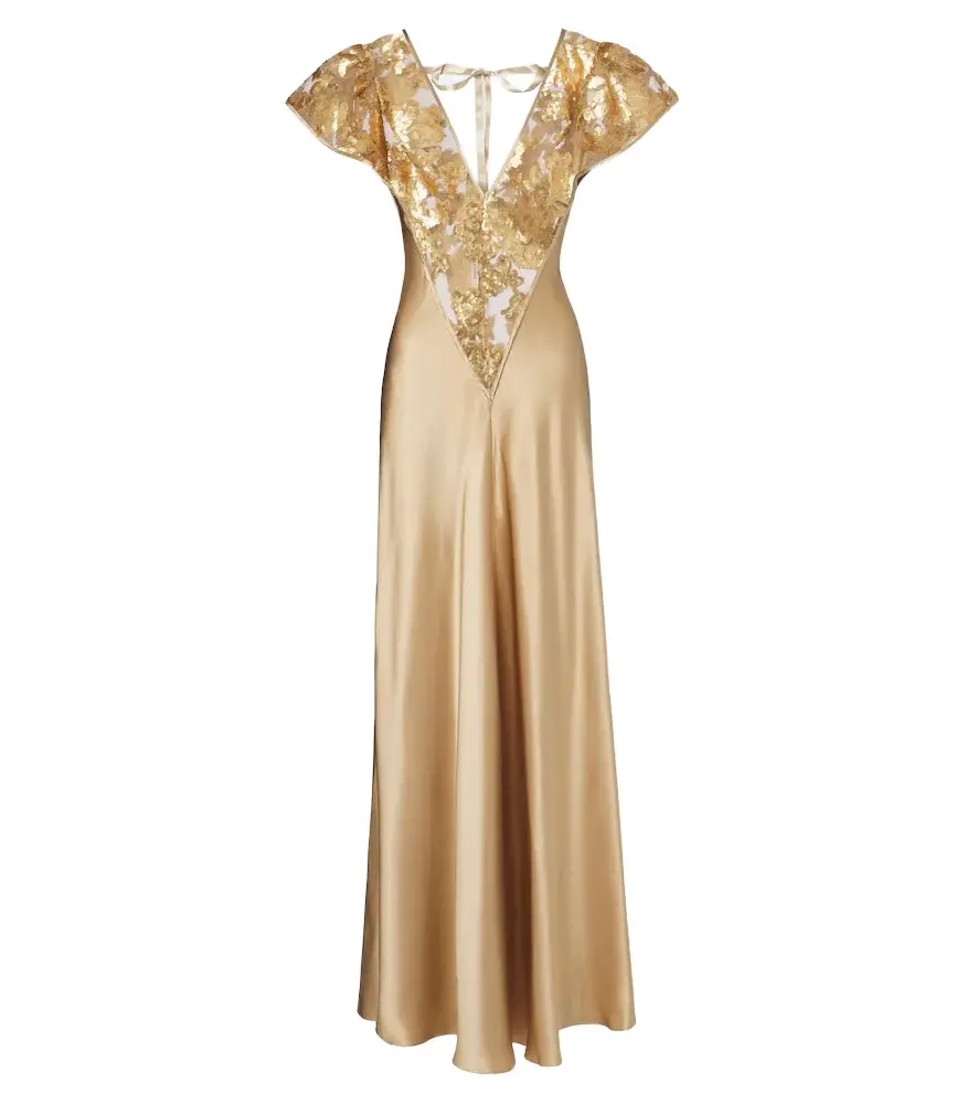 Lace-trimmed sequined silk satin gown Lace-trimmed sequined silk satin gown