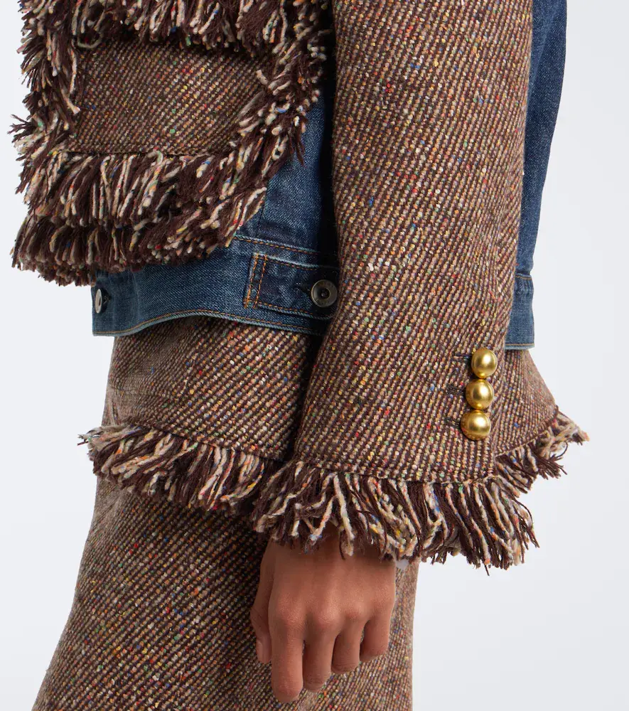 Sacai Fringed tweed and denim jacket | Thumbnail 2