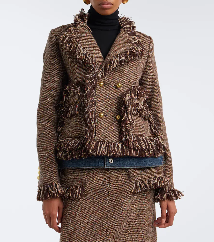 Sacai Fringed tweed and denim jacket | Thumbnail 4