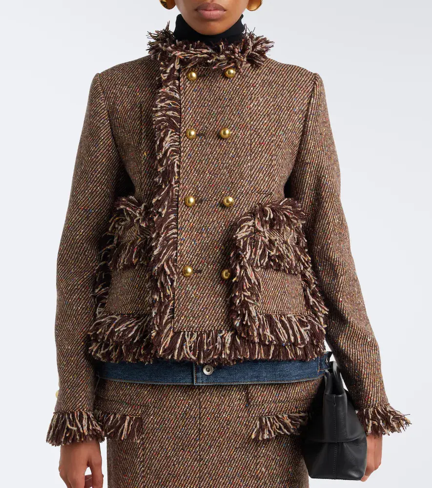 Sacai Fringed tweed and denim jacket | Thumbnail 5