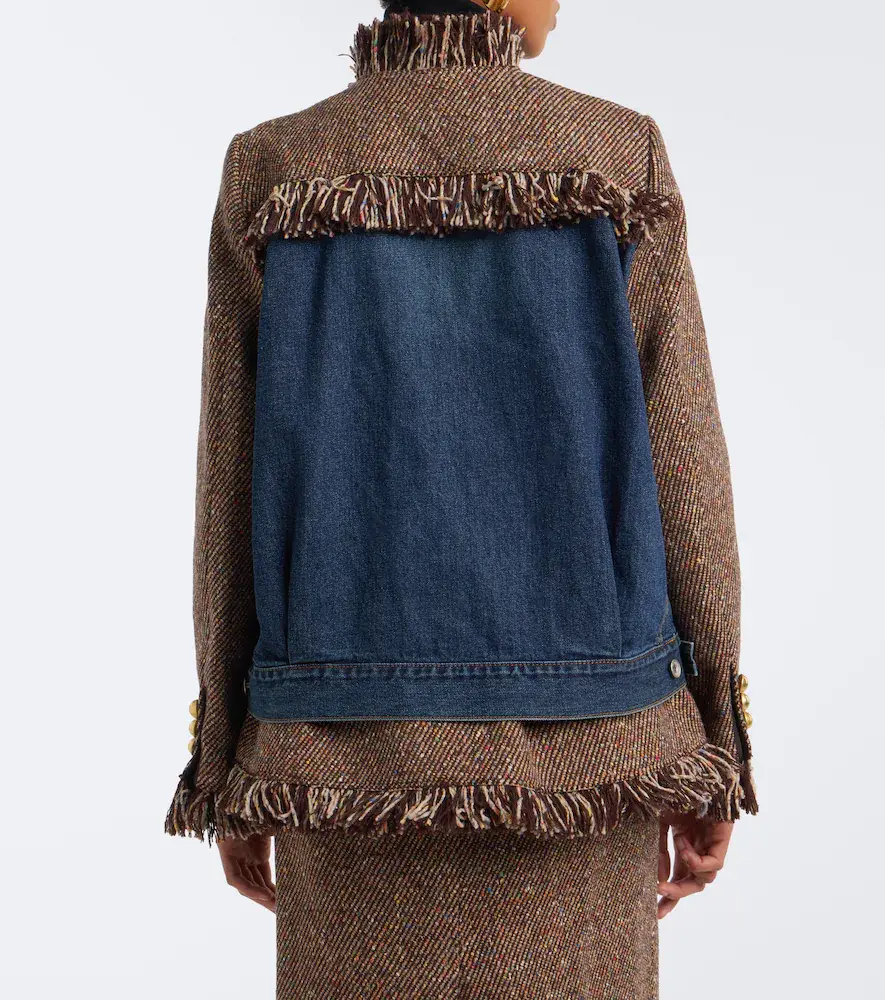 Sacai Fringed tweed and denim jacket | Thumbnail 6