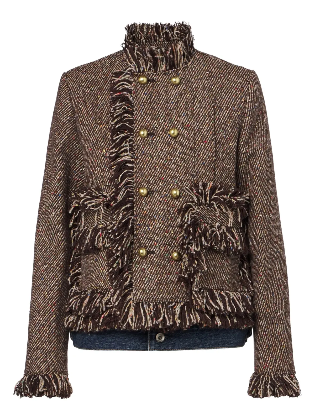 Sacai Fringed tweed and denim jacket