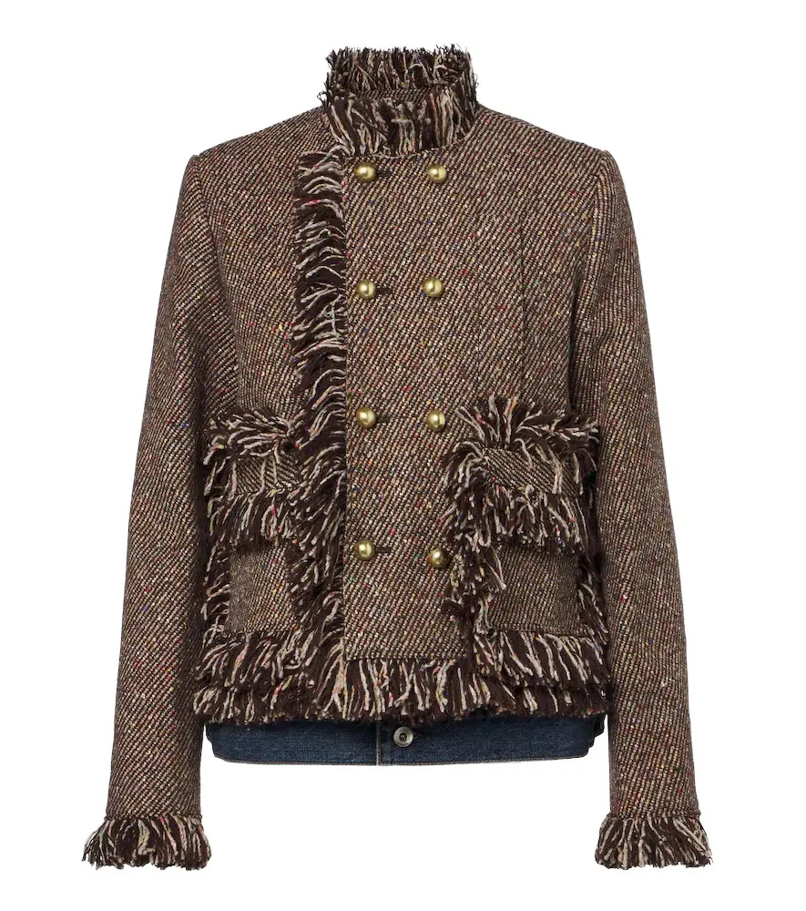 Sacai Fringed tweed and denim jacket