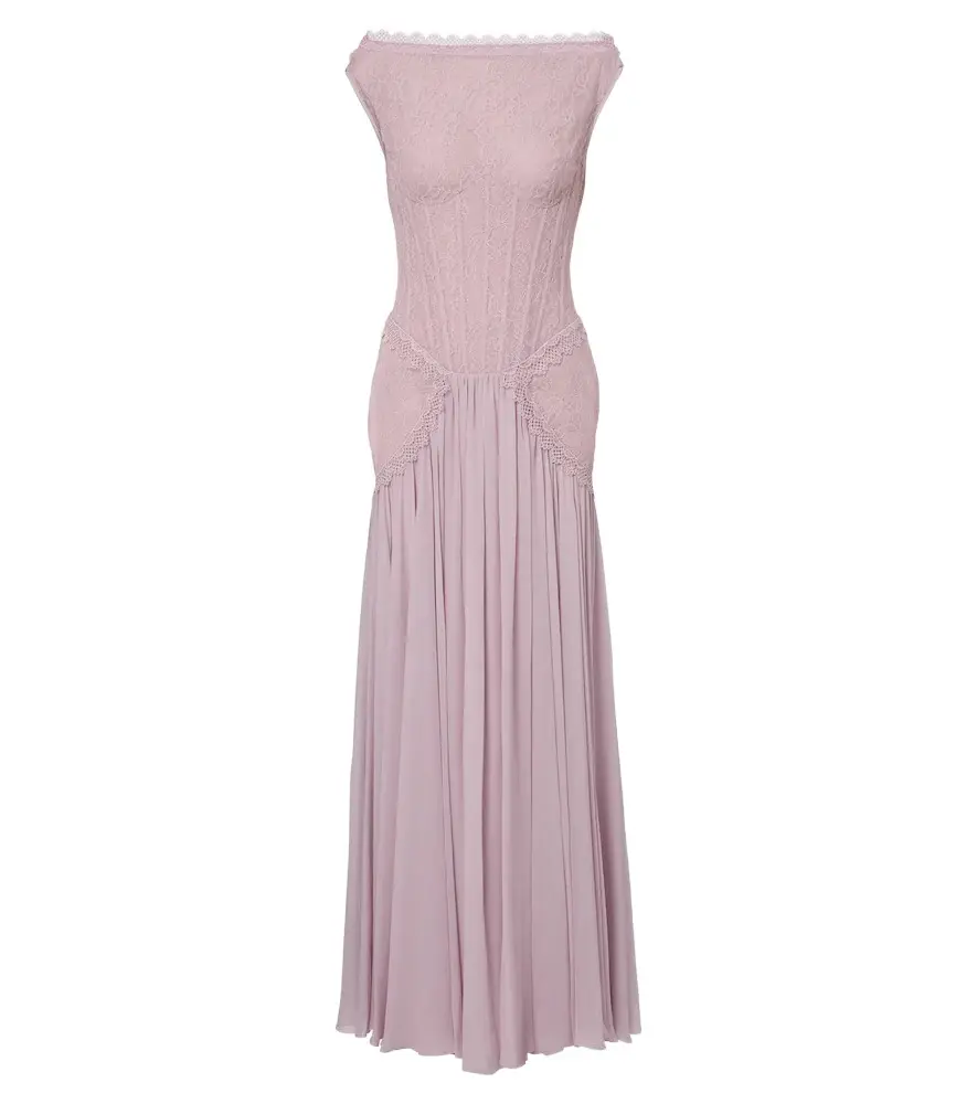 Georges Hobeika Silk-blend georgette and lace corset gown